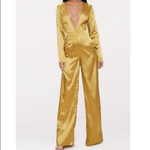 Mustard Satin Plunge Long Sleeve Jumpsuit